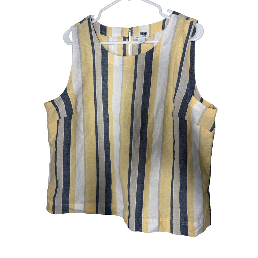 Liz Claiborne Tank Top Womens XL Yellow Excellent Striped Linen Blend Shell